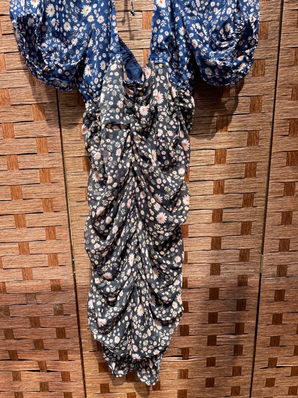 Free People Floral Puff-Sleeve Navy Women’s Ruched Dress Top - Picture 9 of 10